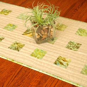 Green Table Runner Quilted, Modern Quilted Batik Table Runner with Green Leaf Prints, Green Table Linens