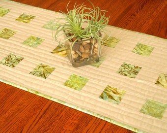 Green Table Runner Quilted, Modern Quilted Batik Table Runner with Green Leaf Prints, Green Table Linens