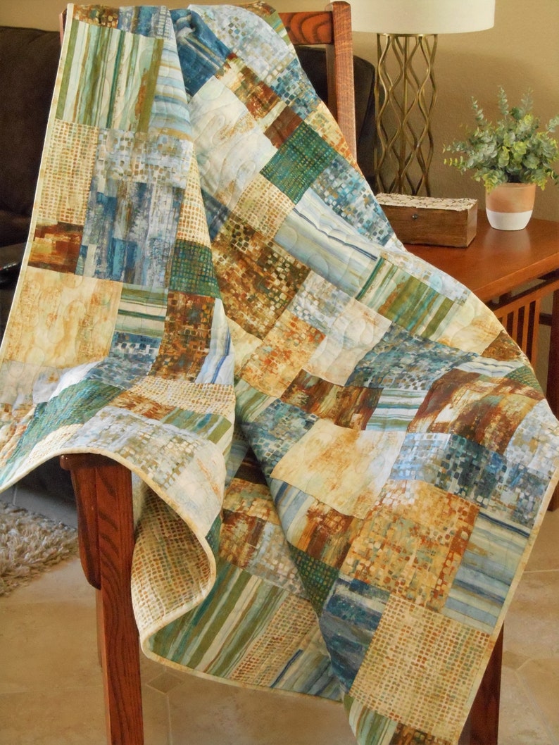 Modern Lap Quilt in Shades of Blue Green Rust Gold Quilted Etsy