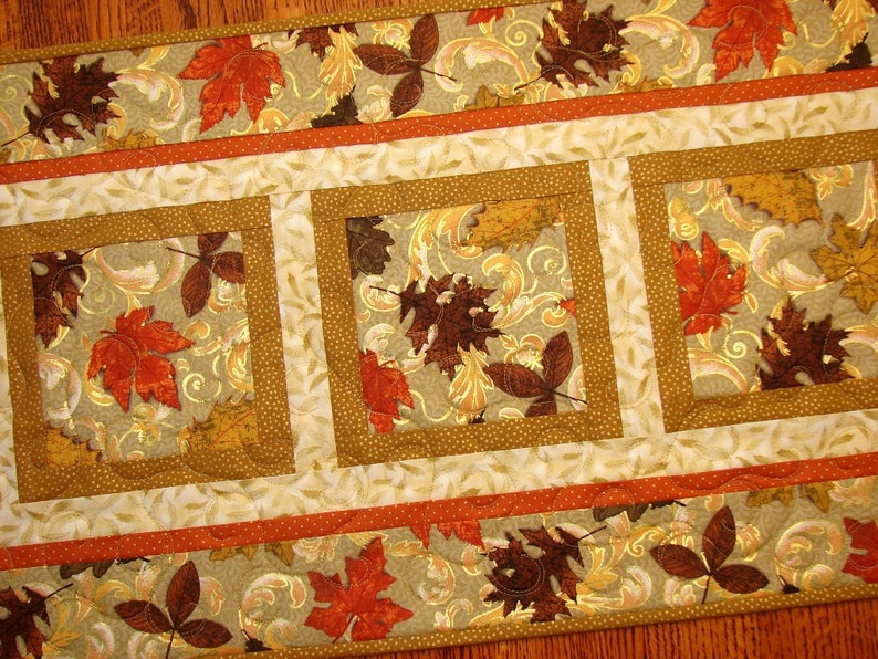 Autumn Quilted Table Runner Elegant Fall Leaves and Metallic Etsy