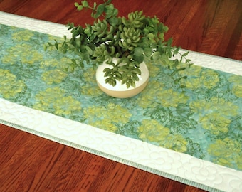 Blue and Green Quilted Floral Table Runner, Dining Table Runner, Dresser Scarf