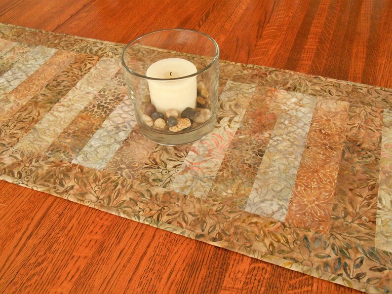 Quilted Batik Table Runner In Soft Neutral Colors With Gray Etsy