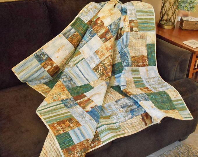 Modern Lap Quilt in Shades of Blue Green Rust Gold Quilted Etsy