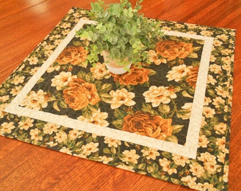 Quilted Fall Floral Table Topper Black Brown Cream, Square Table Topper with Flowers, Fall Table Runner