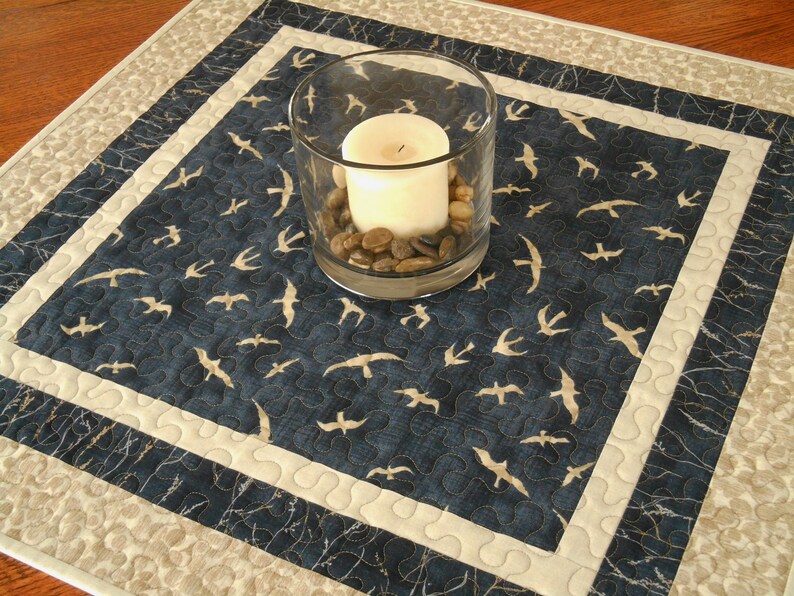 Seagulls Quilted Table Topper In Indigo And Tan Square Etsy