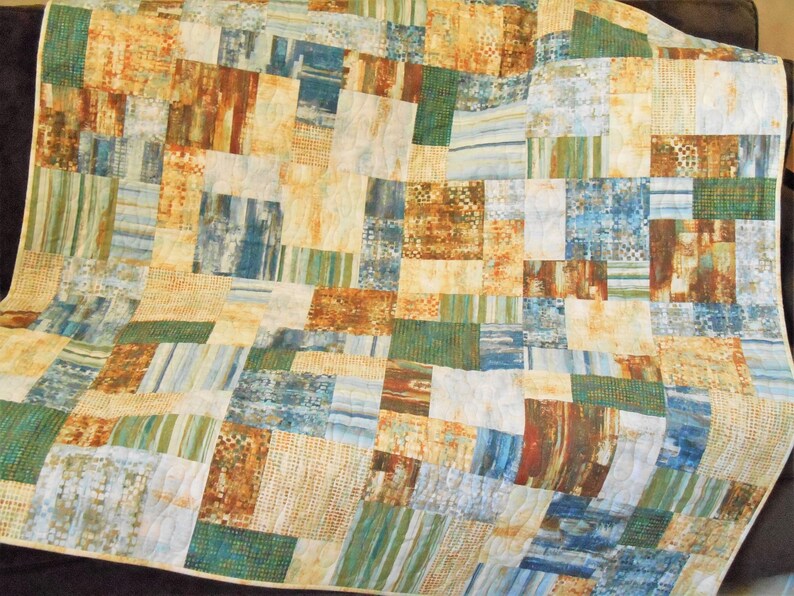 Modern Lap Quilt in Shades of Blue Green Rust Gold Quilted Etsy