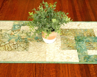 Modern Quilted Batik Table Runner in Shades of Teal Green Gold and Cream, Modern Dining Table Runner with Leaves and Flowers, Dresser Runner