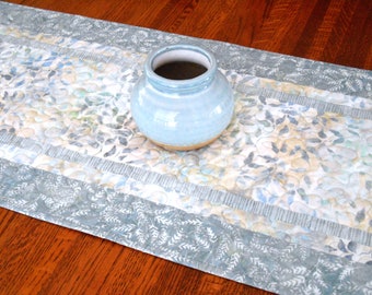 Quilted Table Runner with Leaves in Shades of Aqua Blue and Blue Grey, Blue Bedroom Dresser Runner, Blue Table Runner