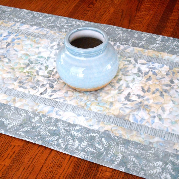 Quilted Table Runner with Leaves in Shades of Aqua Blue and Blue Grey, Blue Bedroom Dresser Runner, Blue Table Runner