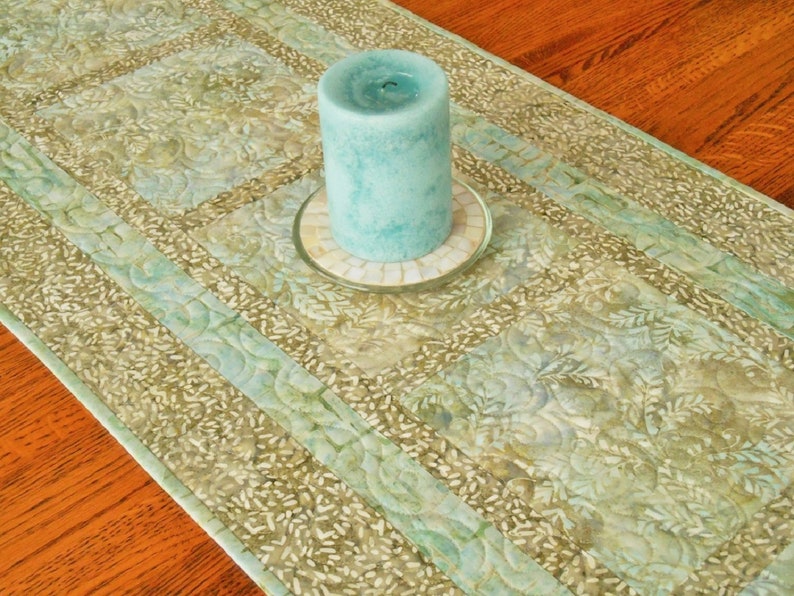 Quilted Batik Table Runner In Shades Of Aqua Taupe Khaki Etsy