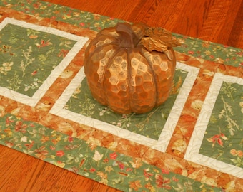 Quilted Fall Table Runner in Green and Rust with Flowers and Leaves