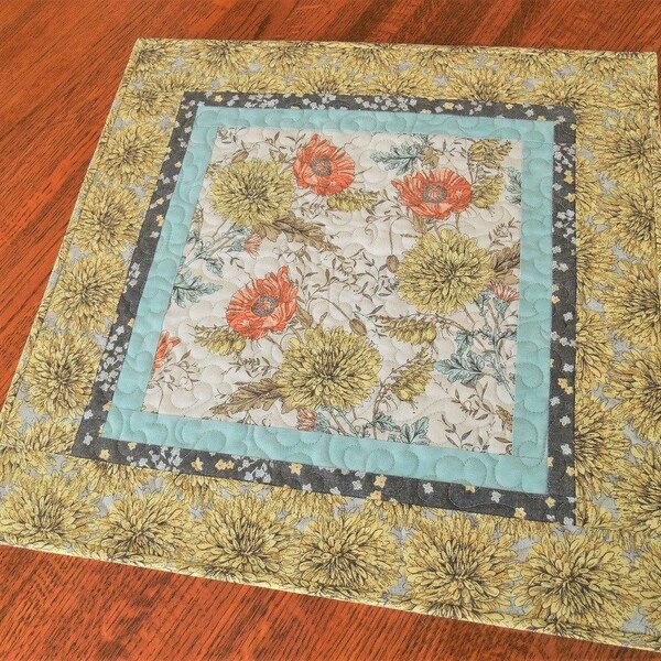 Quilted Floral Table Topper in Yellow Gray Aqua Orange, Square Table Mat, Kitchen Table Decor, Farmhouse Chic Decor, Cottage Chic Decor