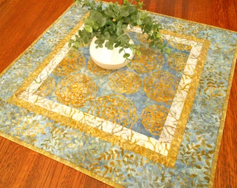 Quilted Blue and Golden Yellow Table Topper, Blue Table Topper with Flowers and Leaves