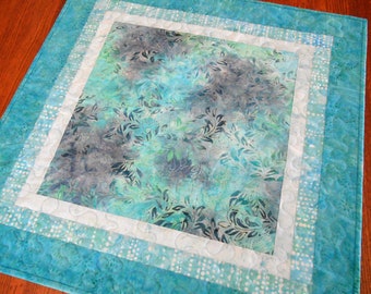 Quilted Square Table Topper in Shades of Aqua Turquoise Purple, Batik Table Topper, Square Table Mat