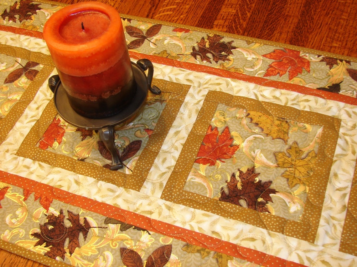 Autumn Quilted Table Runner Elegant Fall Leaves and Metallic Etsy