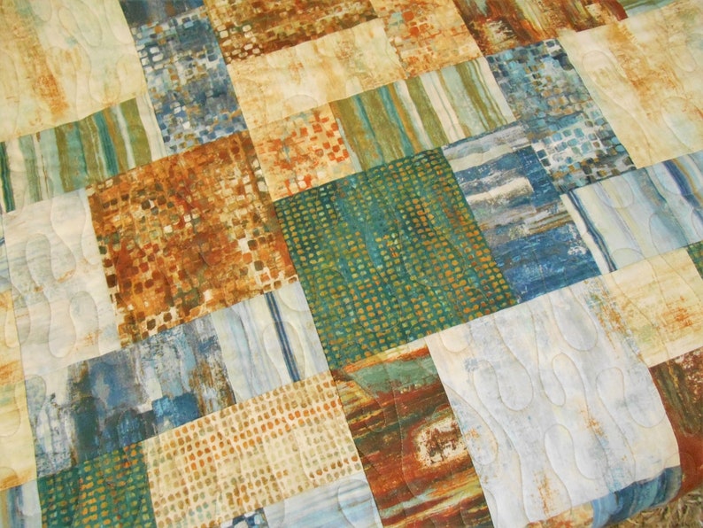 Modern Lap Quilt in Shades of Blue Green Rust Gold Quilted Etsy