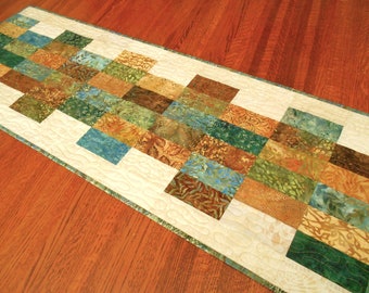 Quilted Batik Table Runner in Earth Tones with Blue, Modern Quilted Dining Table Runner in Blue Brown and Cream