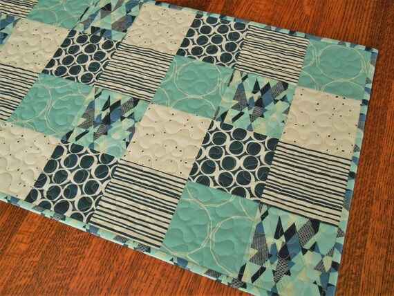 Quilted Table Runner Geometric Blues