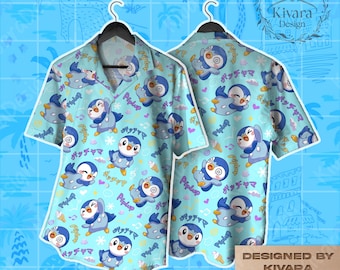 Piplup Hawaiian Shirt Inspired Aloha Shirt, Video Game, Beach Summer, Starter Manga Fan Gift