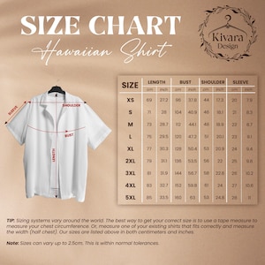 May include: White Hawaiian shirt hanging on a hanger, with a size chart. The chart includes measurements in inches and centimeters for length, bust, shoulder, and sleeve. The text "SIZE CHART Hawaiian Shirt" is at the top.