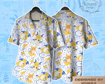 Raichu Cute Hawaiian Shirt, Anime Aloha Shirt, Summer Beach Vacation Button Up, Tropical Water-Type Fan Art Gift