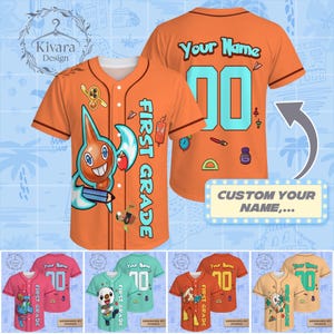 May include: An orange button-down baseball jersey featuring a cartoon character, school supplies, and the text FIRST GRADE on the front. The back displays the text Your Name above the number 00, surrounded by various small school-themed icons.