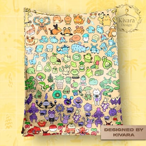 May include: A tan pillowcase featuring a colorful pattern of cartoon creatures. The design includes a variety of characters in shades of blue, green, orange, and purple. The words "DESIGNED BY KIVARA" are printed on the bottom right.