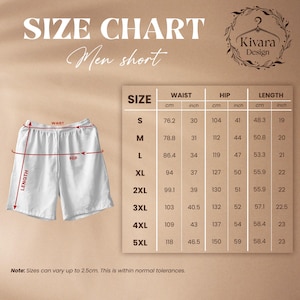 May include: White men's shorts with a size chart. The chart displays waist, hip, and length measurements in inches and centimeters. Sizes range from S to 5XL. The text "SIZE CHART Men short" is at the top.