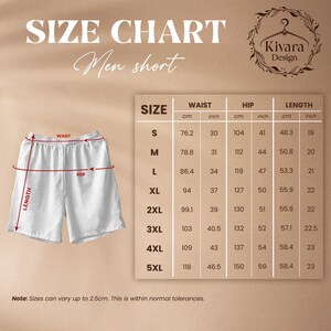 Może przedstawiać: Tabela rozmiar&oacute;w dla męskich szort&oacute;w z wymiarami w calach i centymetrach. Tabela pokazuje wymiary talii, bioder i długości dla rozmiar&oacute;w od S do 5XL.