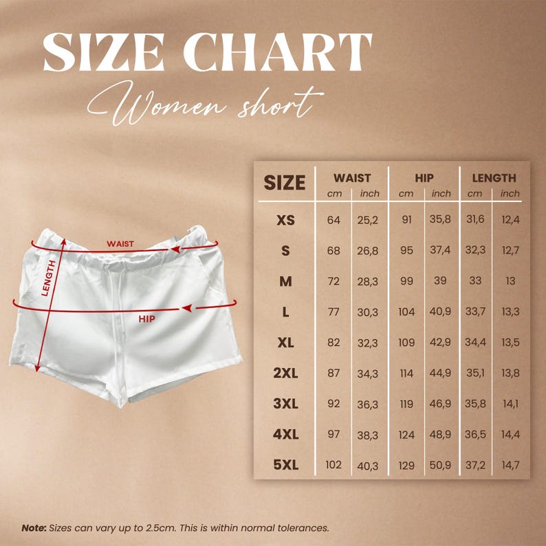 May include: A size chart for shorts featuring a white pair of shorts with red arrows indicating waist, hip, and length measurements. A table lists sizes from XS to 5XL with corresponding waist, hip, and length measurements in cm and inches.
