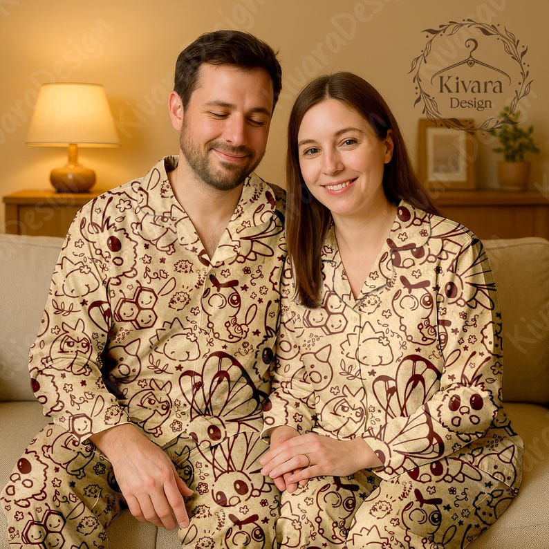 K&ouml;nnte beinhalten: Passende beige Pyjamas mit einem braunen Cartoon-Muster. Die Pyjamas sind gekn&ouml;pft und lang&auml;rmlig. Das Bild zeigt ein Paar, das die Pyjamas tr&auml;gt, w&auml;hrend es auf einem Sofa sitzt. Die Pyjamas sind von Kivaradesign.