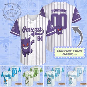 May include: White baseball jersey with purple sleeves and accents, featuring a Gengar graphic and the number 94. The jersey has vertical stripes and includes the text "CUSTOM YOUR NAME..." at the bottom. Additional jerseys with different characters are also shown.