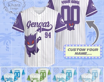 Custom Manga Baseball Jersey Personalisiert - Gengar, Aquana, Rayquaza, Mudkip, Totodile - Gamer Jersey Shirt Geschenk
