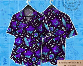 Ghostly Mystic Hawaiian Shirt Gastly Gengar Anime Shirt Blue Fire Summer Shirt Aloha Video Game Gifts