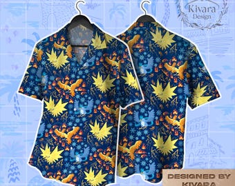 Camisa hawaiana de aves legendarias, camisa de anime del equipo, Articuno, Zapdos, Moltres, atuendo de verano, regalos de videojuegos de playa Aloha