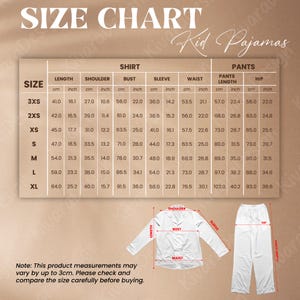 K&ouml;nnte beinhalten: Gr&ouml;&szlig;entabelle f&uuml;r Kinderpyjamas, mit Ma&szlig;en in Zentimetern. Enth&auml;lt Hemd- und Hosengr&ouml;&szlig;en f&uuml;r die Gr&ouml;&szlig;en 3XS bis XL, mit Angaben zu L&auml;nge, Schulter, Brust, &Auml;rmel, Taille und H&uuml;fte. Text unten weist auf die &Uuml;berpr&uuml;fung der Ma&szlig;e hin.