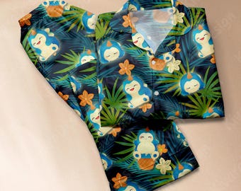 Snorly Lax Pajama Set, Cute Snorlax Sleepwear, Soft Polyester Pajamas, Anime Loungewear for Fans