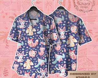 Dreamy Hawaiian Shirt Sylveon Furret Mew Hatenna and Jigglypuff Anime Shirt Shorts Beach Shirt Video Game Gifts