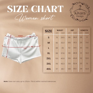 May include: White women's shorts with a size chart. The chart provides measurements in inches and centimeters for waist, hip, and length. The size chart ranges from S to 4XL. The text "SIZE CHART Women short" is at the top.