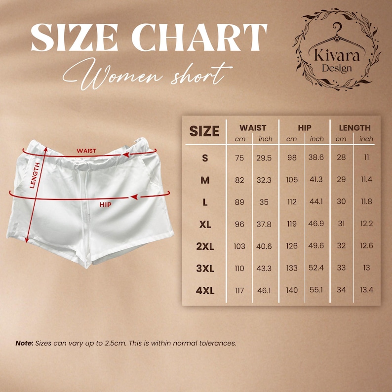 May include: White women's shorts with a size chart. The chart provides measurements in inches and centimeters for waist, hip, and length. The size chart ranges from S to 4XL. The text "SIZE CHART Women short" is at the top.