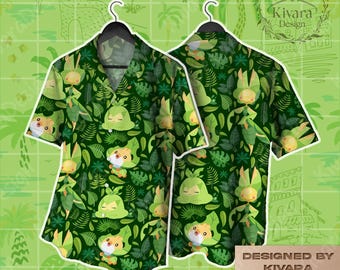 Sewaddle Evolution Hawaiian Shirt, Summer Aloha Shirt, Grass Anime Inspired Outfit, Video Game Cosplay, Island Style