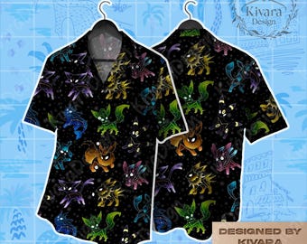 Camisa hawaiana Evolutions - Linda camisa playera de anime Aloha - Diseño colorido de Eeveelution - Regalo único para fanáticos del anime