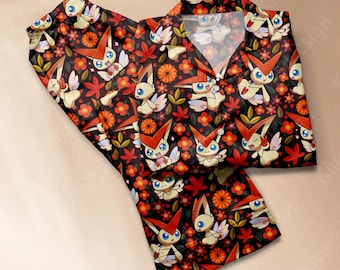 Victini Pyjama Set, Mythische Nachtwäsche Polyester Pyjamas, Videospiel Anime Loungewear Fans