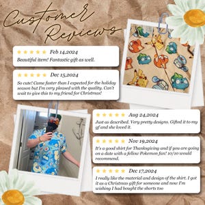 May include: A light blue button-up shirt with a repeating pattern of cartoon characters. The image includes customer reviews with dates and comments. The shirt is part of a Pokemon-themed collection.
