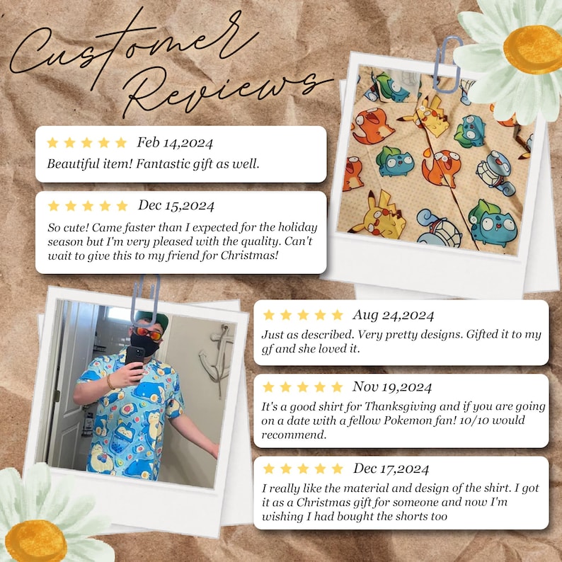 May include: A light blue button-up shirt with a repeating pattern of cartoon characters. The image includes customer reviews with dates and comments. The shirt is part of a Pokemon-themed collection.
