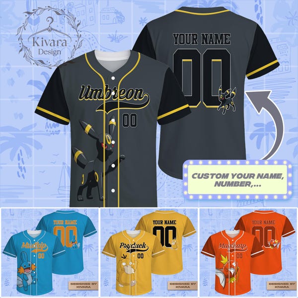 Custom Anime Baseball Jersey Personalized Name - Umbreon, Mudkip, Psyduck, Magikarp - Gamer Jersey Shirt Gift