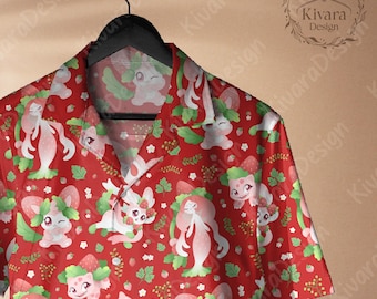 Camisa hawaiana con personaje de fresa, camisa holográfica para cosplay, pantalones cortos, regalo de videojuego