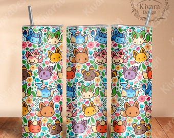 May include: Three tall, insulated tumblers with a colorful pattern of cartoon creatures and flowers. The design features various characters in shades of blue, orange, yellow, and purple, set against a white background with floral accents. Each tumbler has a silver straw.