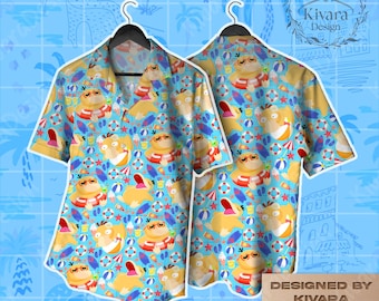 Psyduck Lustiges Hawaiihemd - Tropische Gelbe Ente - Lustiges Aloha Button Up für Sommer-Strandferien - Anime inspiriertes Grafikhemd
