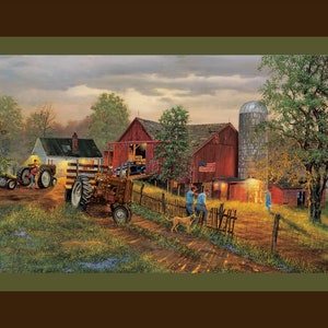AMERICA&#39;S HEARTLAND Fabric Quilt Panel 100% Cotton,  Farm, Tractor, Country, Vintage, Nostaglia